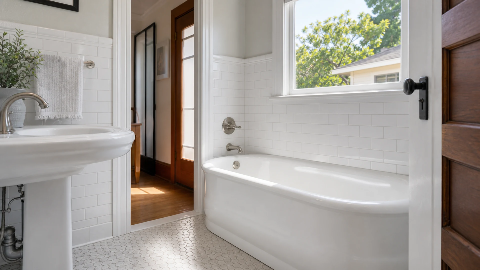 Freshly reglazed white bathtub in a Rockridge Craftsman bathroom, Oakland