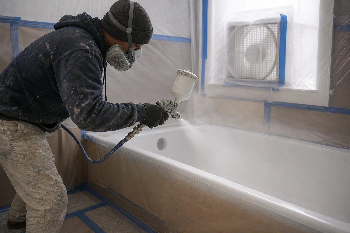 Technician in a respirator spraying acrylic-urethane on a bathtub in an Oakland bathroom