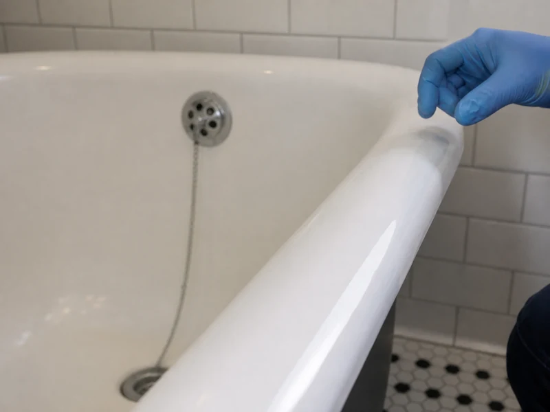 Close-up of a repaired and refinished chip on a white bathtub rim in an Oakland bathroom