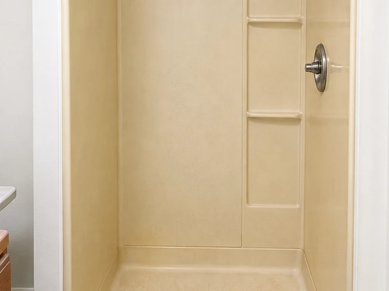 Crazed yellowed fiberglass shower in a 1980s Adams Point Oakland rental before refinishing