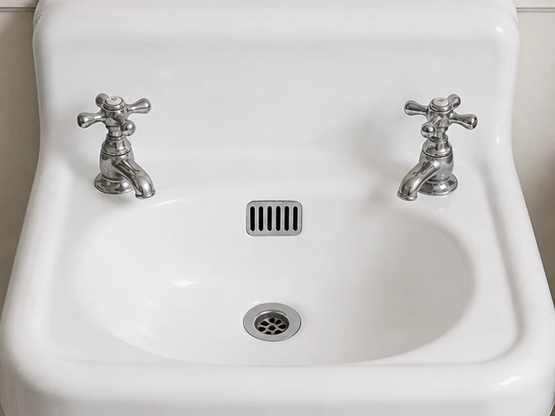Reglazed glossy white porcelain bathroom sink in a Grand Lake flat, Oakland