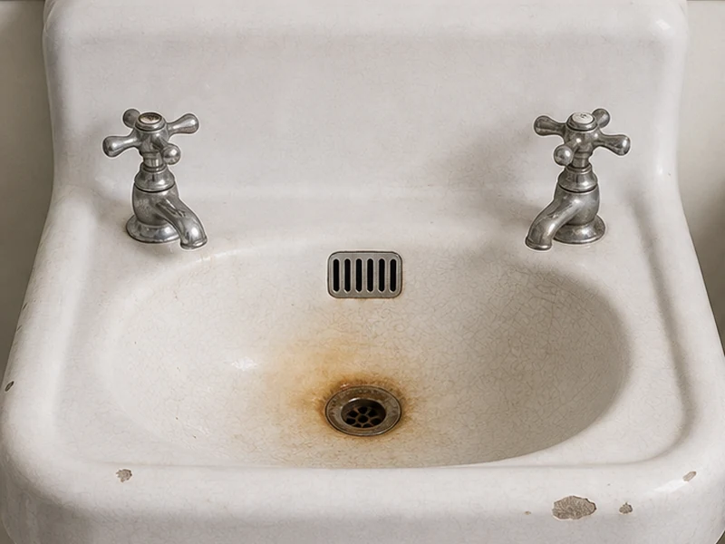 Chipped vintage porcelain bathroom sink with rust near the drain in a Grand Lake flat, Oakland, before reglazing